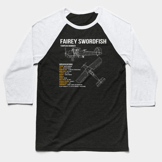 Fairey Swordfish WW2 Bi-Plane Baseball T-Shirt by Dirty Custard Designs 